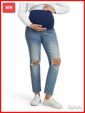 Ripped Maternity Jeans Full Belly Panel Straight Leg Pull On Stretch Denim
